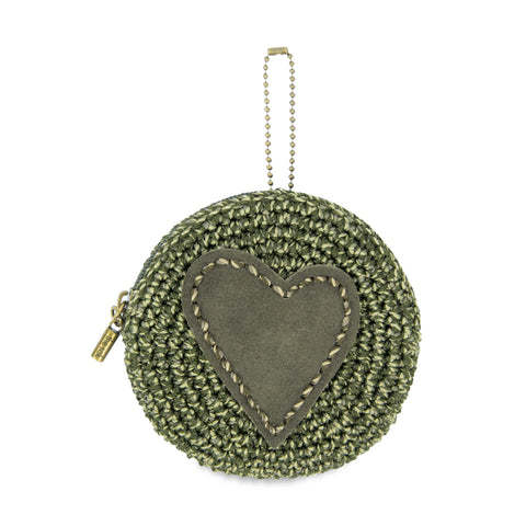 The Sak Circle Coin Pouch - Hand Crochet - Moss Static Suede Heart