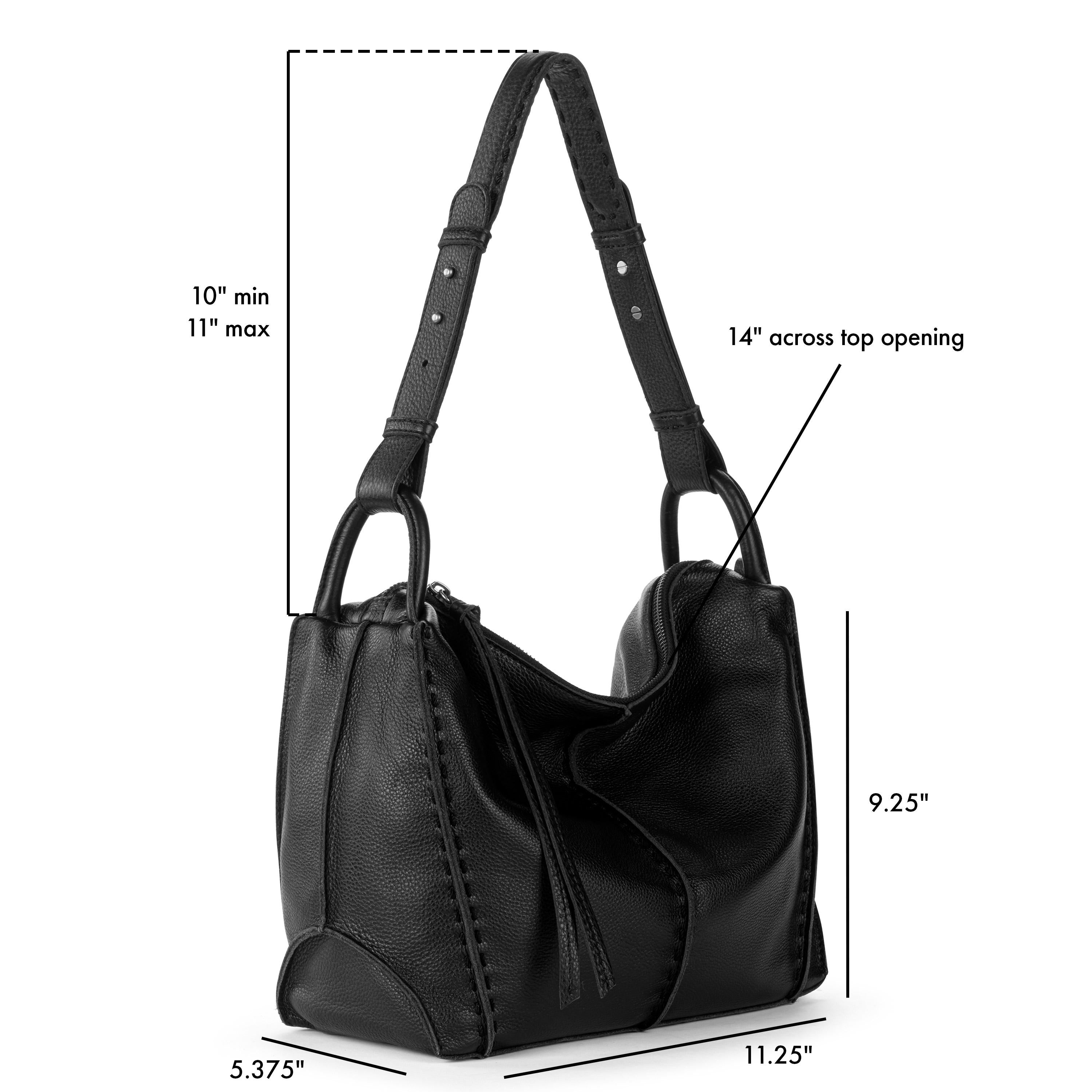 Black leather hobo bag with dual handles, 14" top opening, 9.25" height, textured pebbled surface.