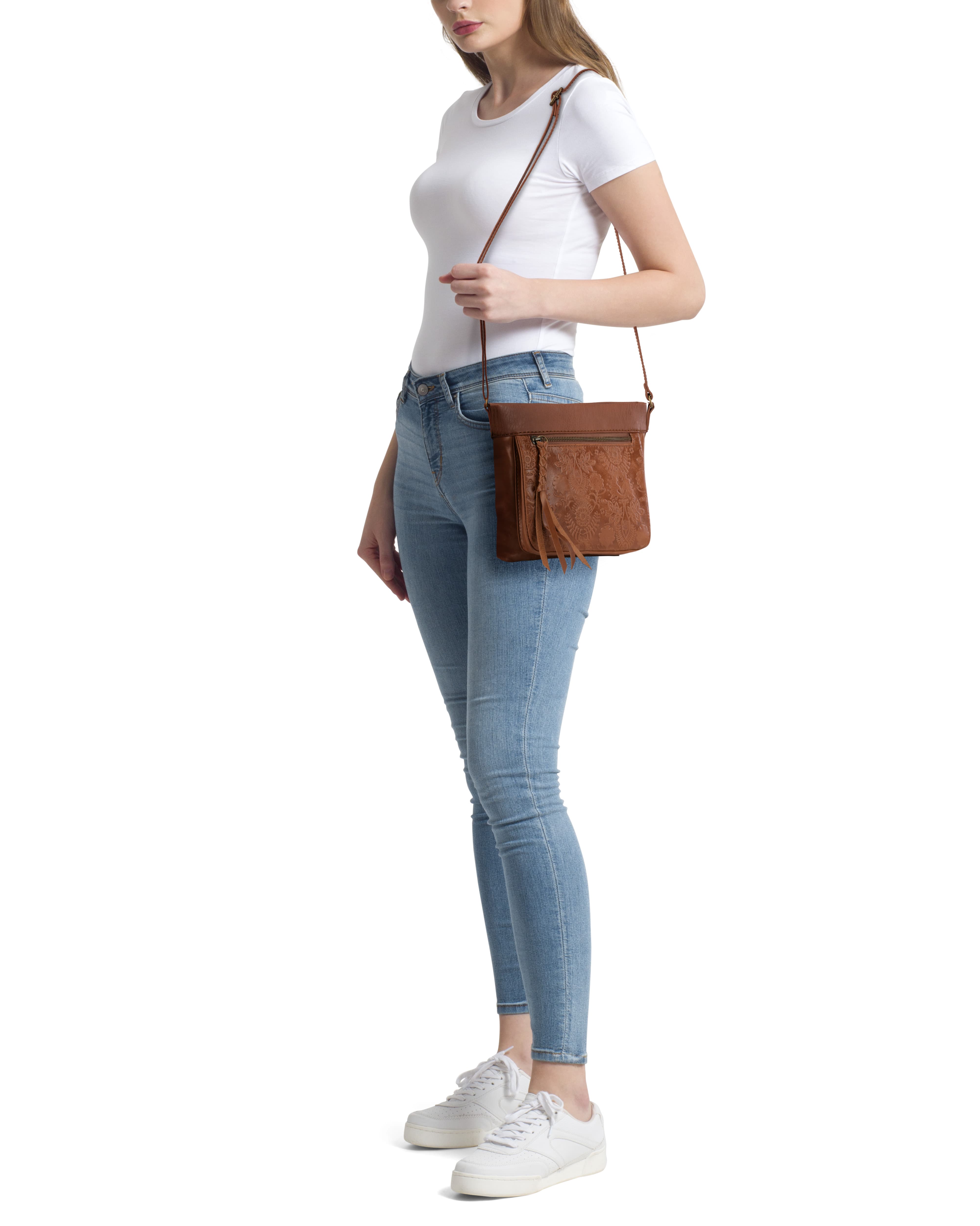The Sak Sanibel Mini Crossbody - Leather - Tobacco Floral Embossed