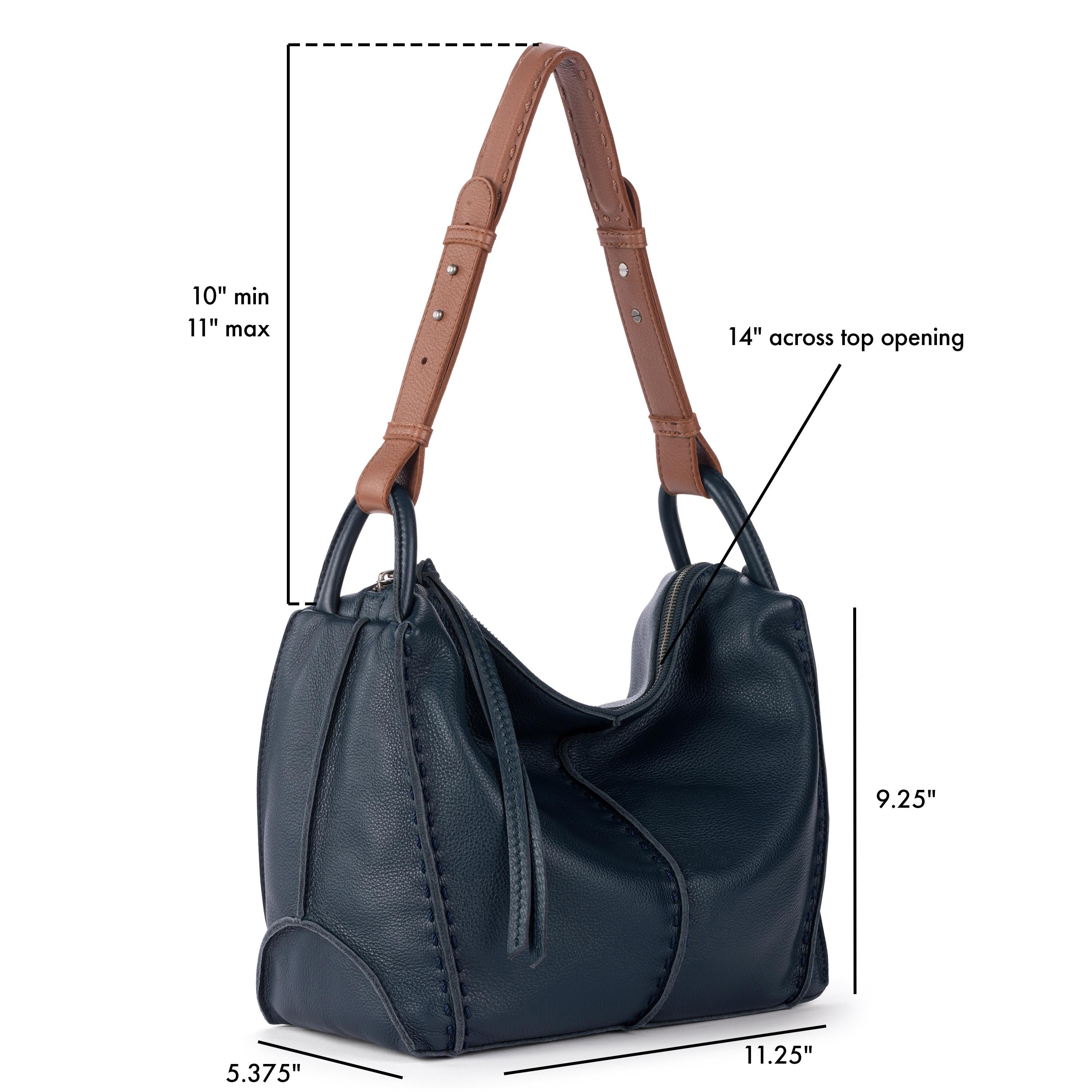 Indigo leather hobo bag with brown leather handles and black hardware, 14" top opening and 10-11" strap drop.