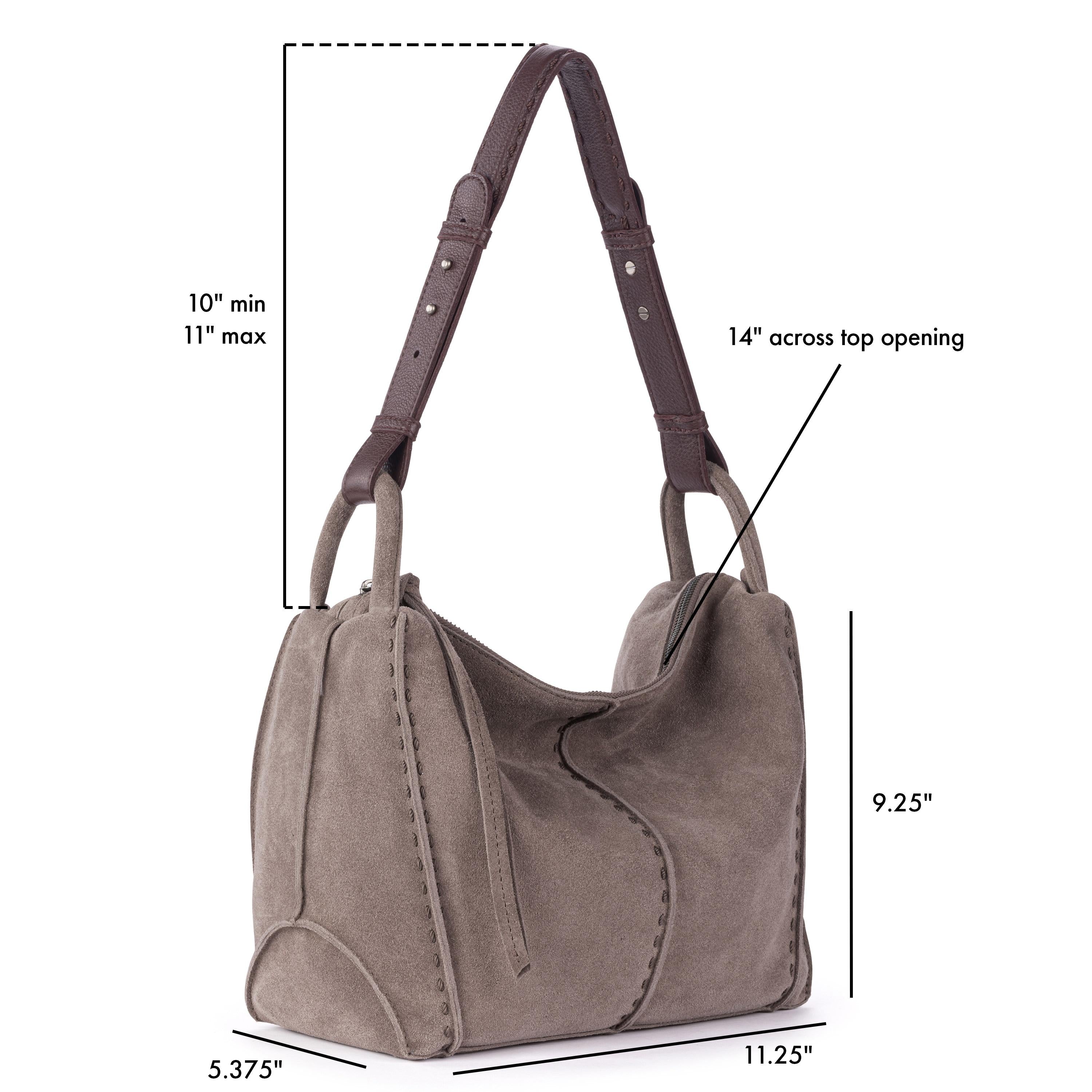 Mushroom suede hobo bag with dual handles and structured bottom, measuring 11.25" wide by 9.25" tall.