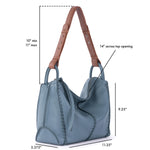 Blue leather hobo bag with brown handles, 14" top opening, 9.25" height, 11.25" width.