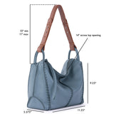 Blue leather hobo bag with brown handles, 14" top opening, 9.25" height, 11.25" width.