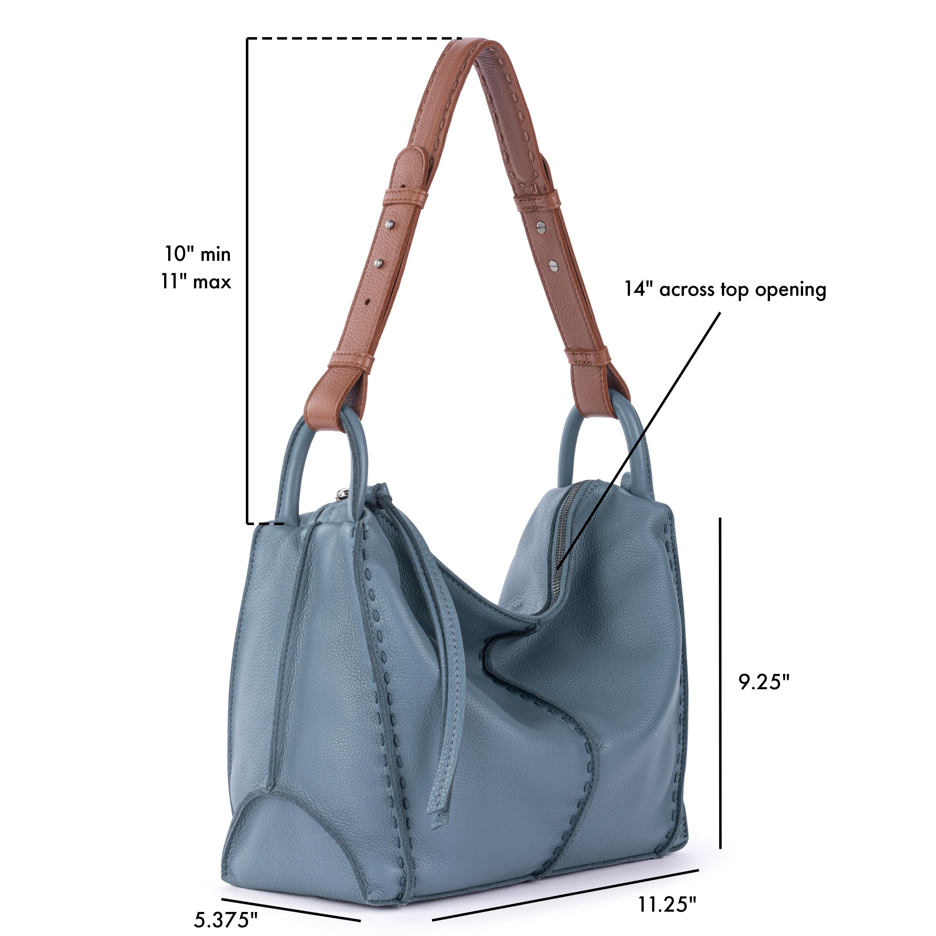 Blue leather hobo bag with brown handles, 14" top opening, 9.25" height, 11.25" width.