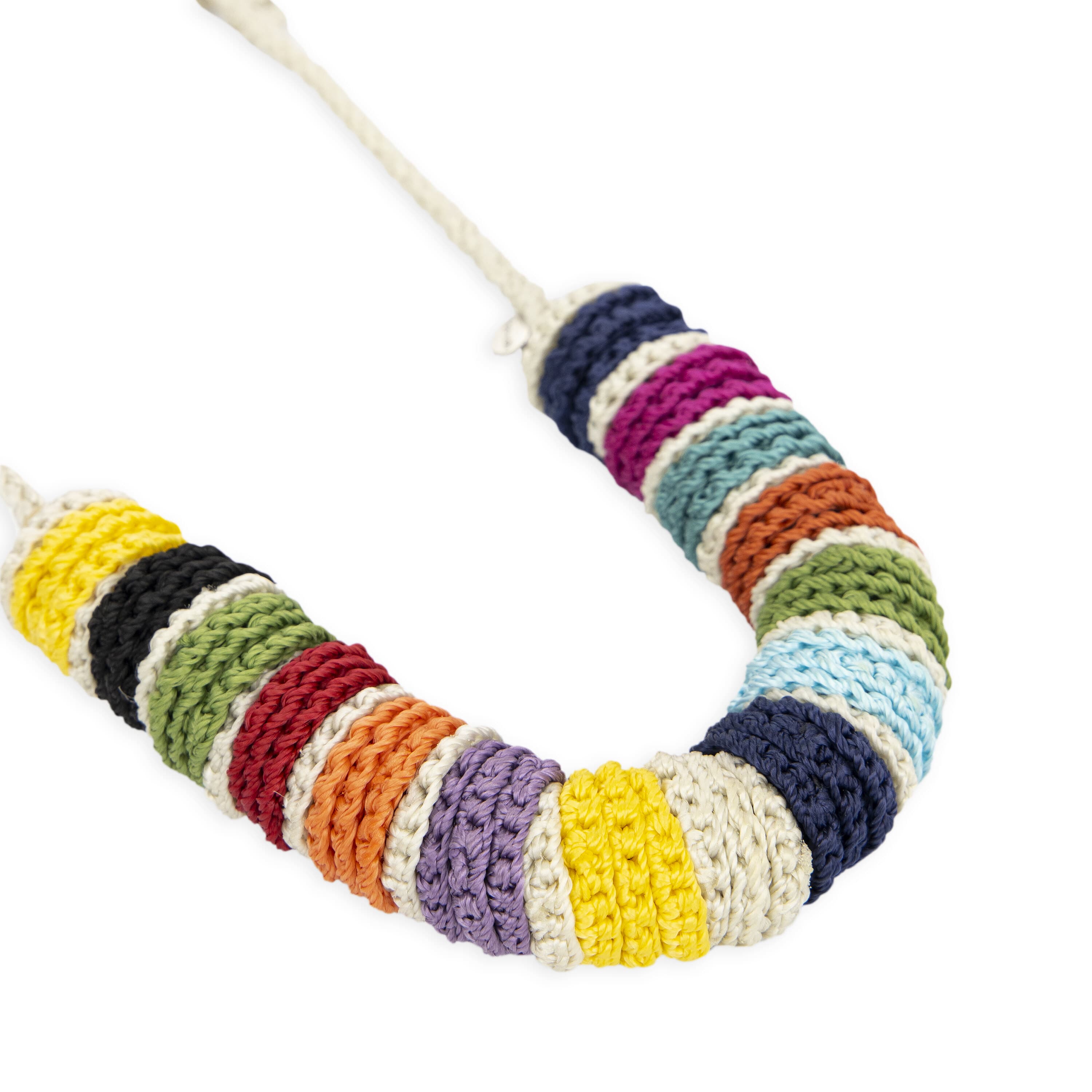 The Sak Jasper Disc Necklace - Hand Crochet - Ecru Multi