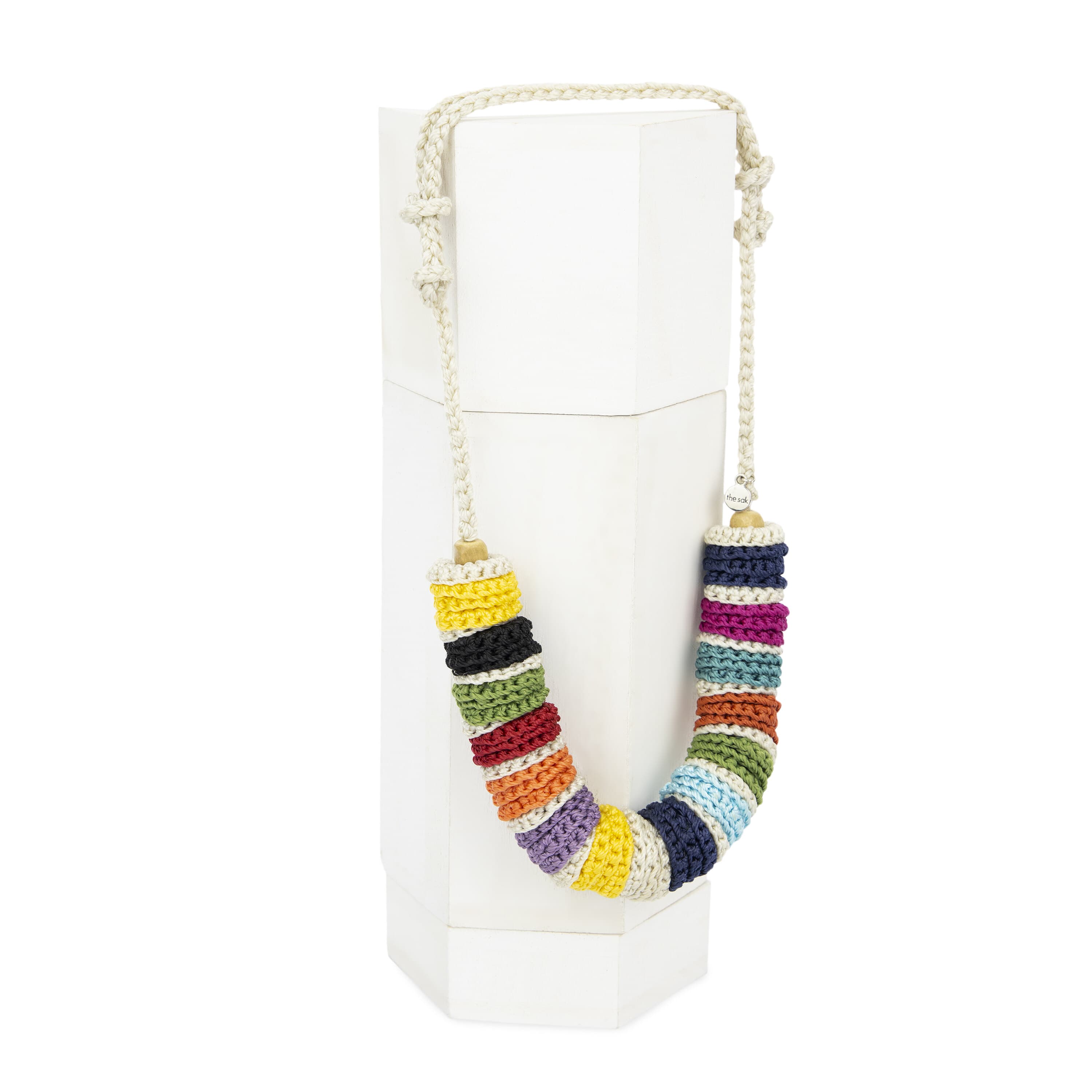 The Sak Jasper Disc Necklace - Hand Crochet - Ecru Multi