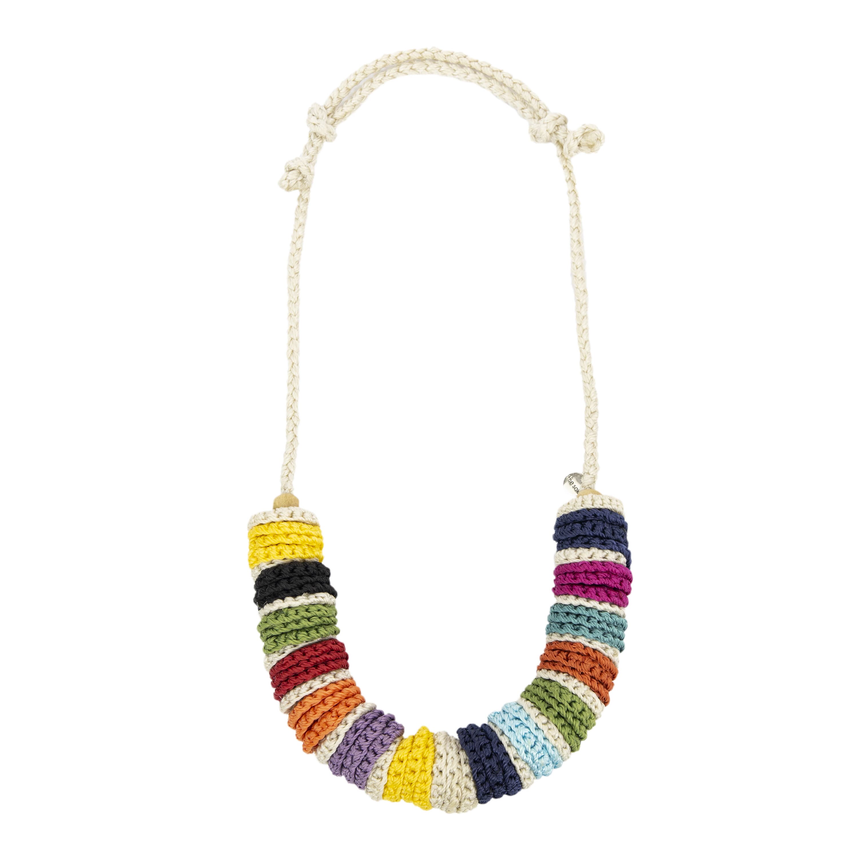 The Sak Jasper Disc Necklace - Hand Crochet - Ecru Multi