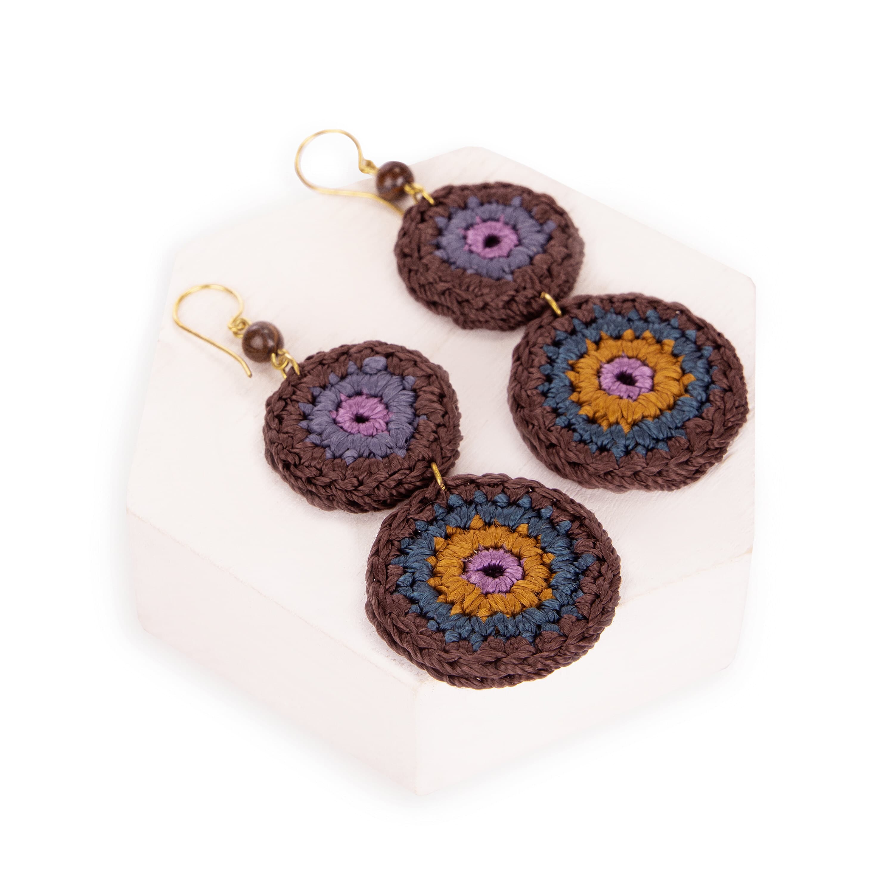The Sak Jasper Double Disc Earrings - Hand Crochet - Brown Stripe