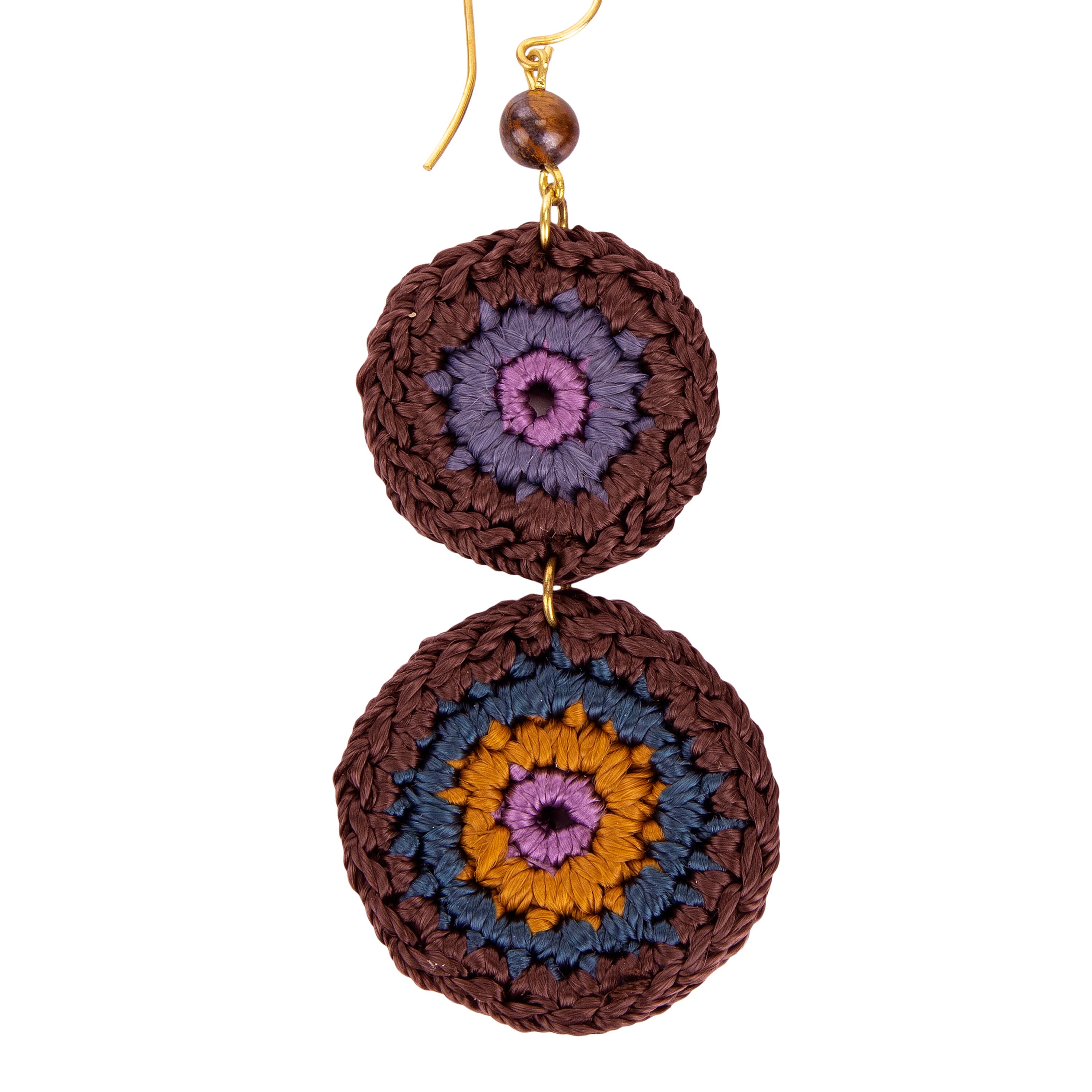 The Sak Jasper Double Disc Earrings - Hand Crochet - Brown Stripe