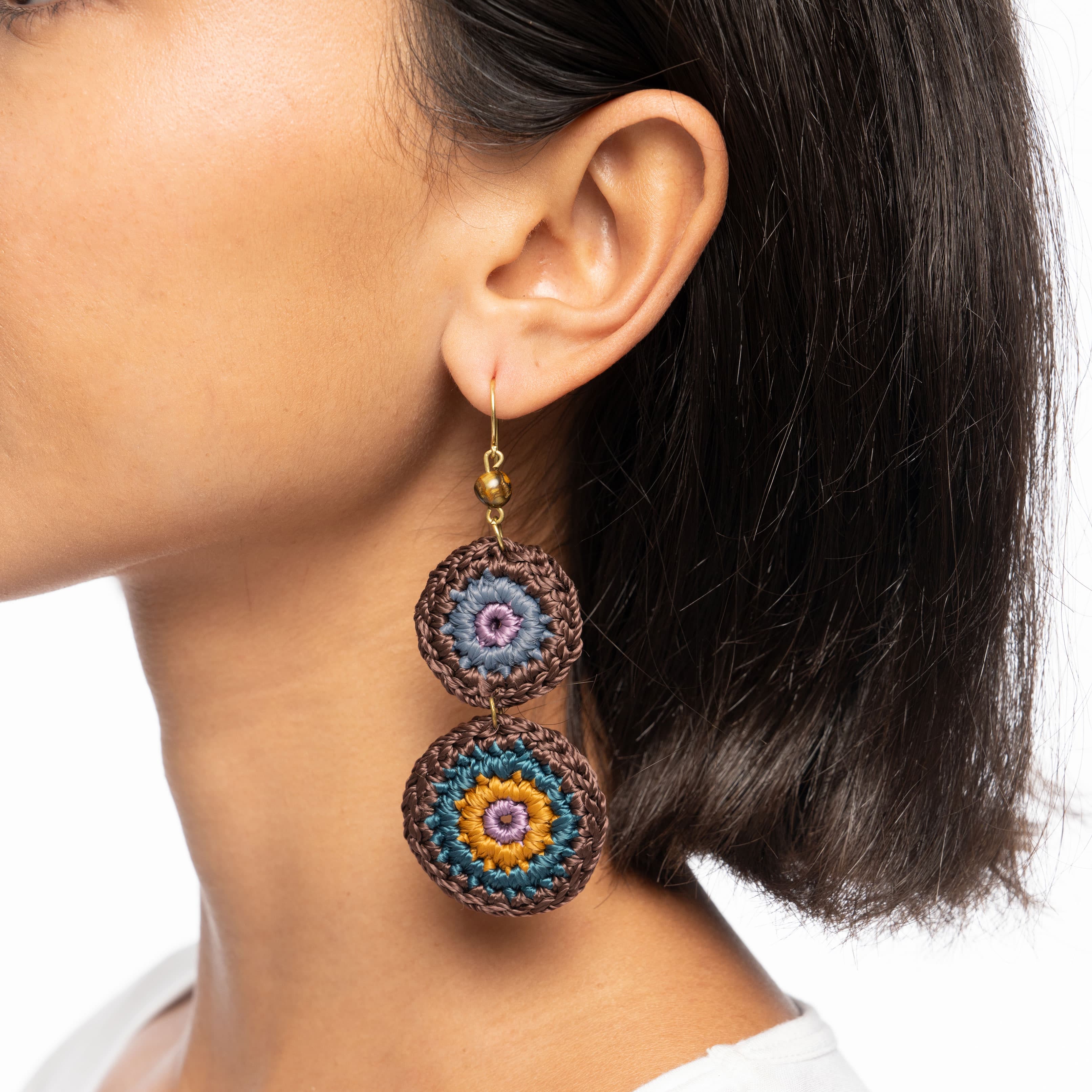 The Sak Jasper Double Disc Earrings - Hand Crochet - Brown Stripe
