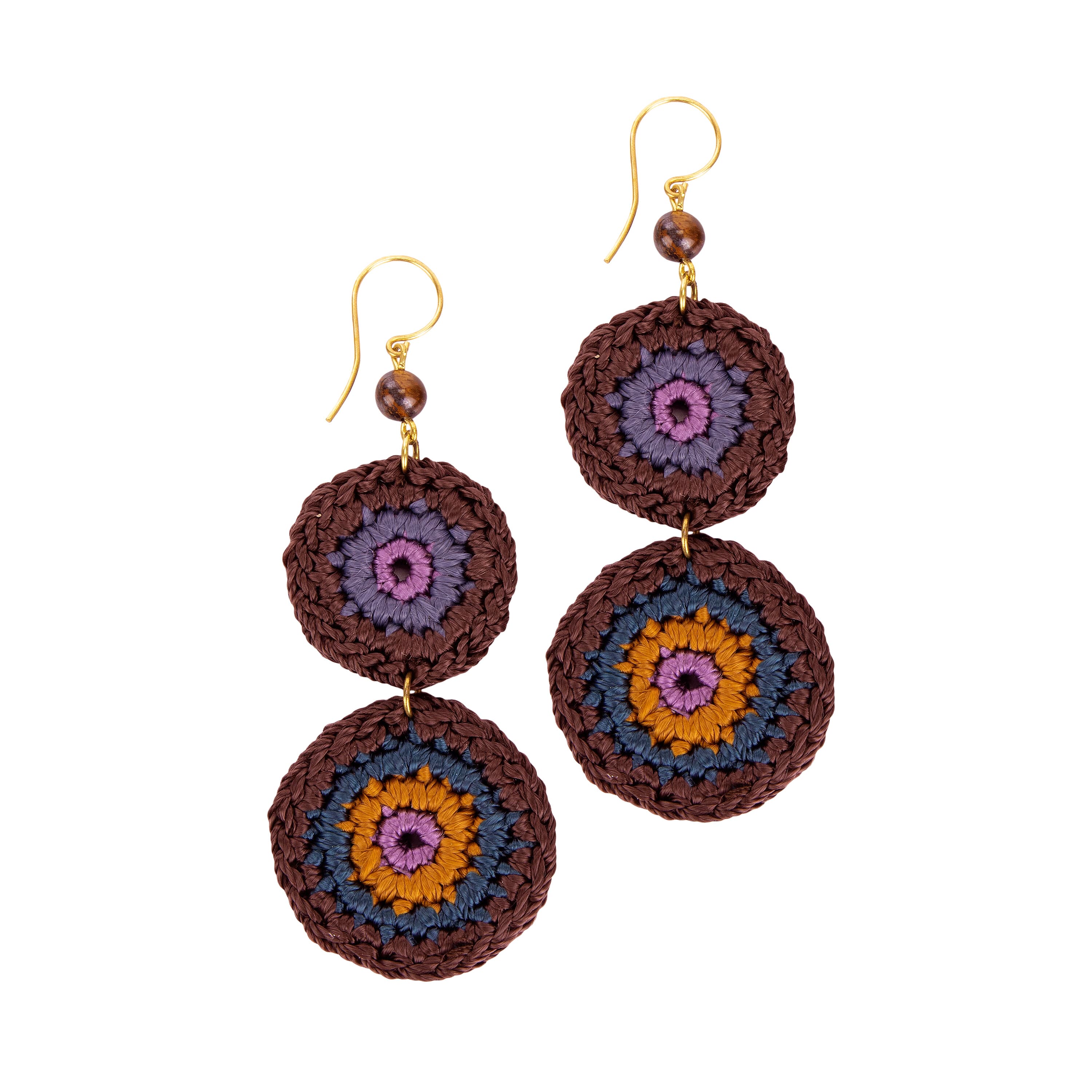 The Sak Jasper Double Disc Earrings - Hand Crochet - Brown Stripe