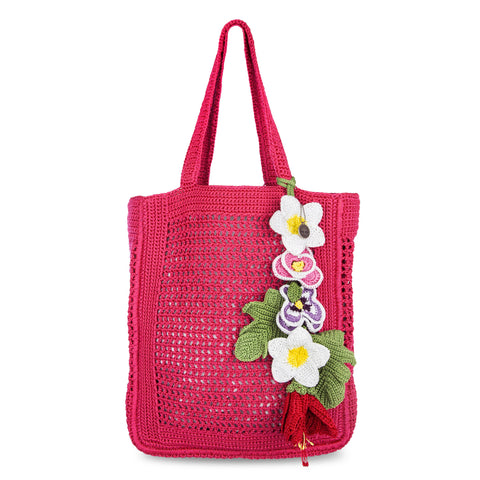 The Sak Lanie Market Tote - Hand Crochet - Magenta Flower