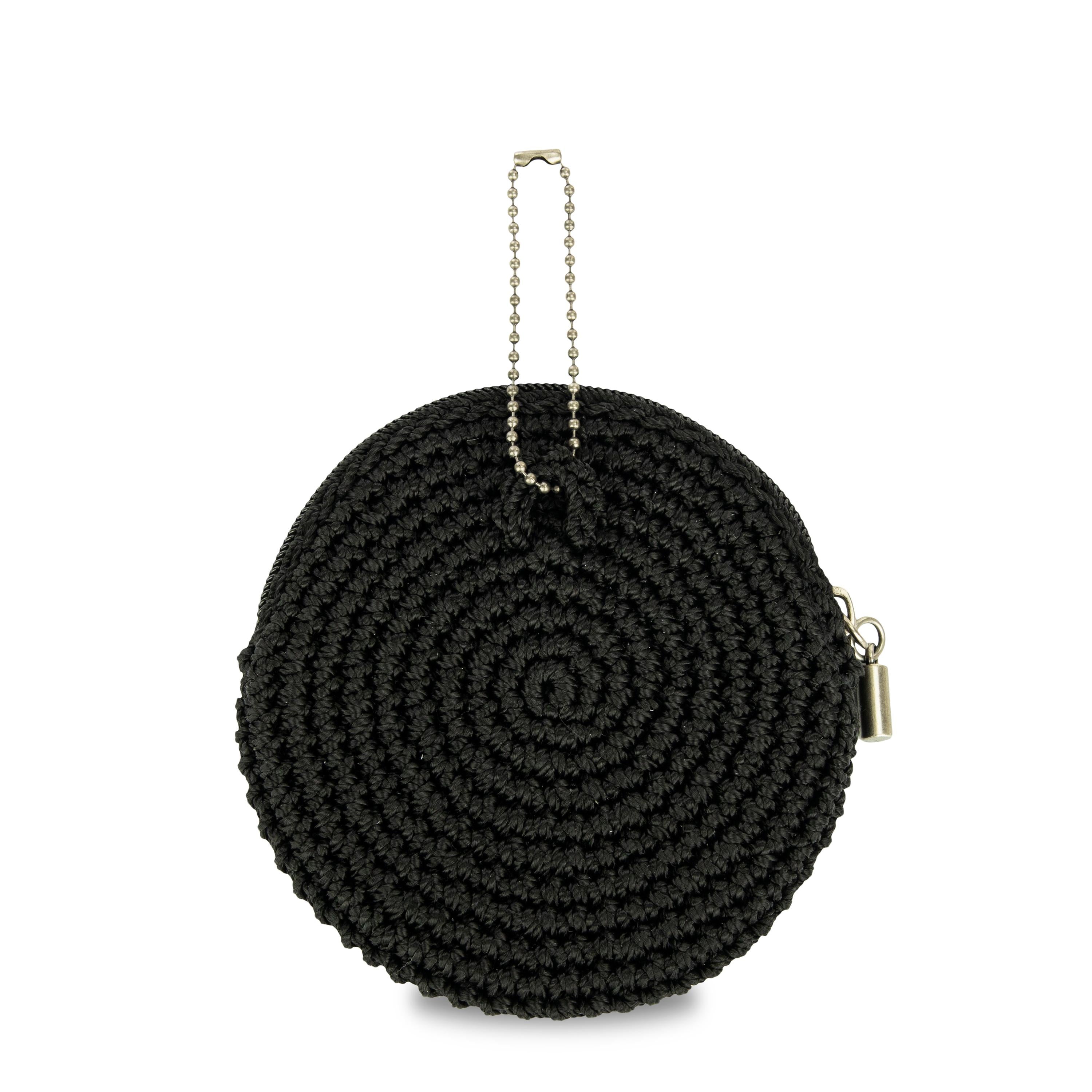 The Sak Circle Coin Pouch - Hand Crochet - Black Silver Heart