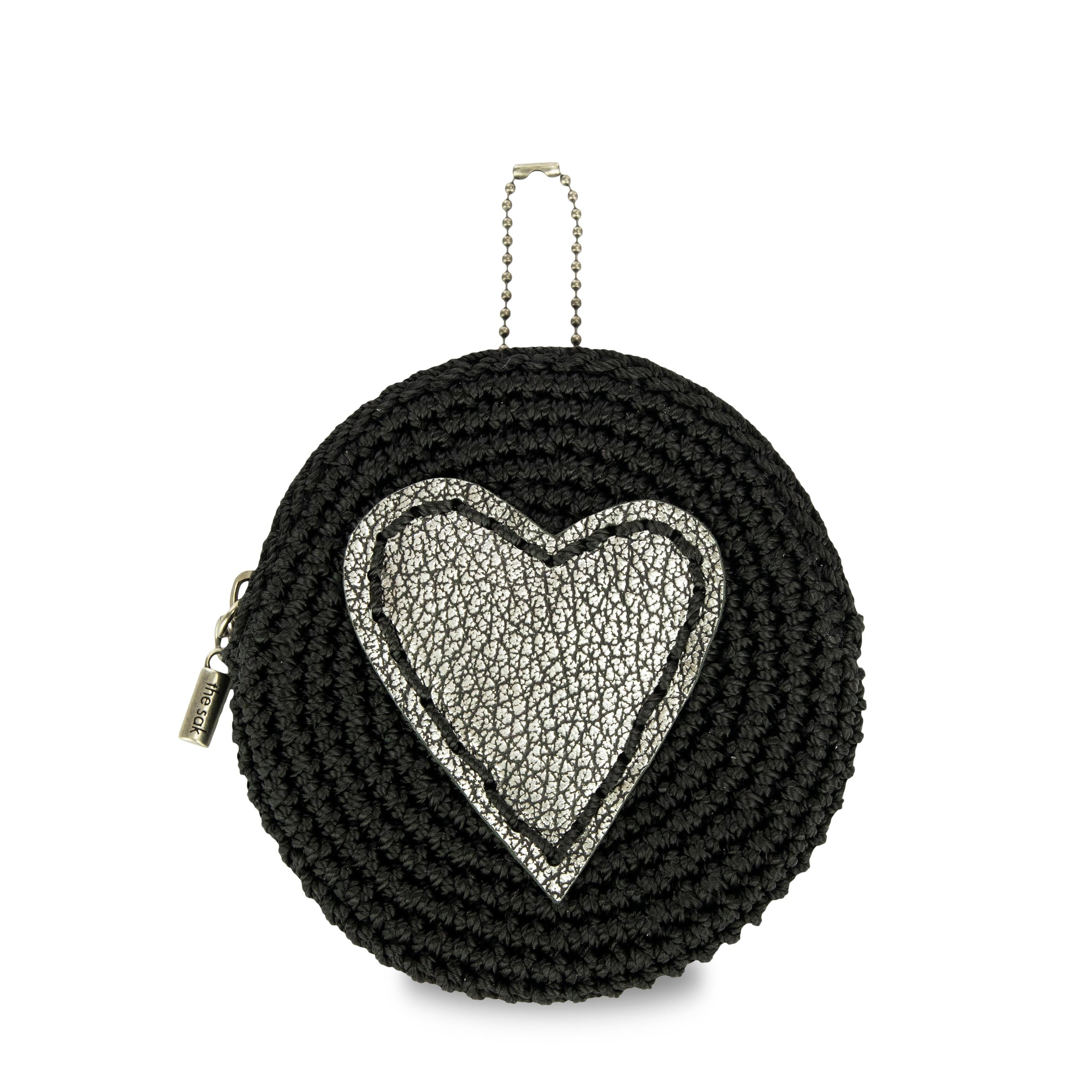 The Sak Circle Coin Pouch - Hand Crochet - Black Silver Heart