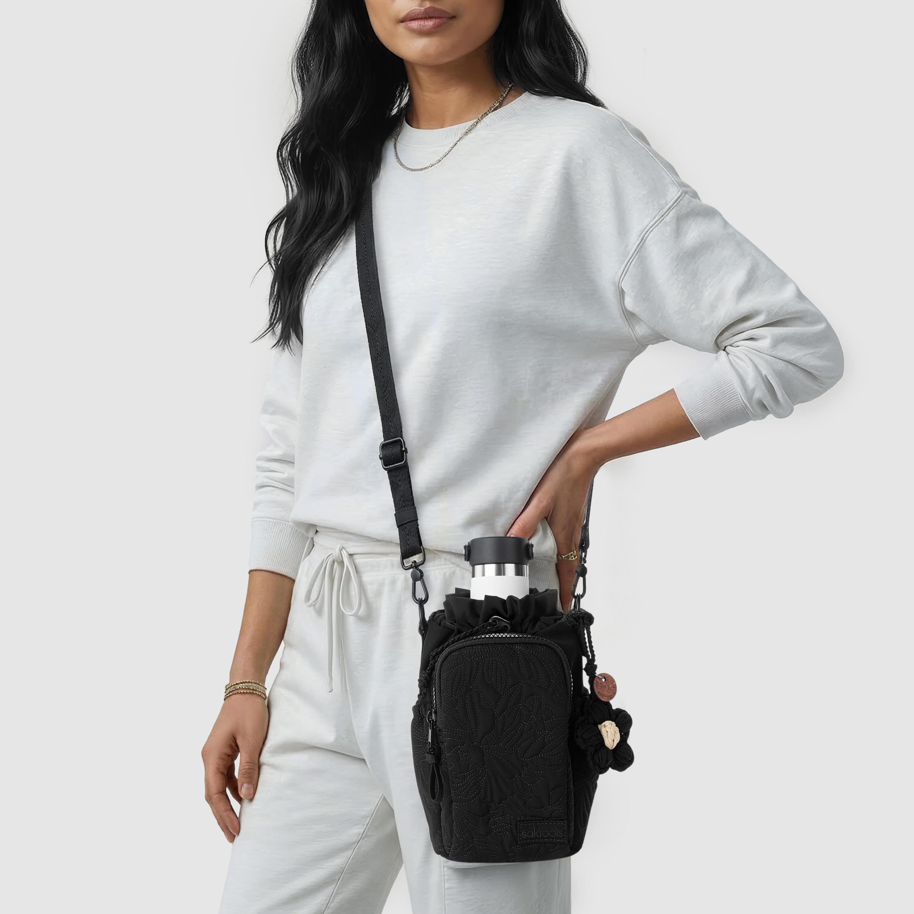 Sakroots Banyan Drawstring Crossbody - EcoTwill - Black Flower Blossom Quilted