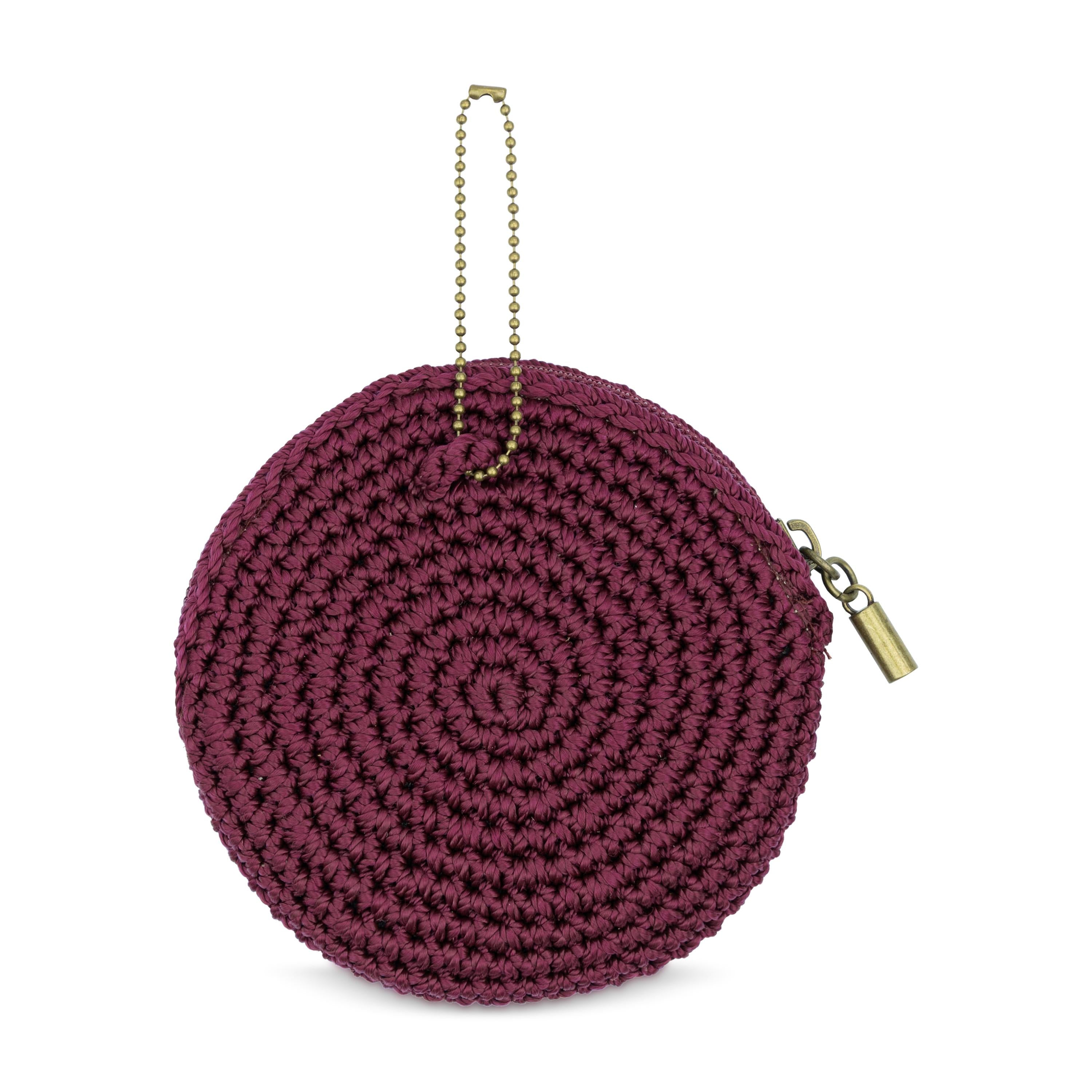 The Sak Circle Coin Pouch - Hand Crochet - Black  Cherry Flower