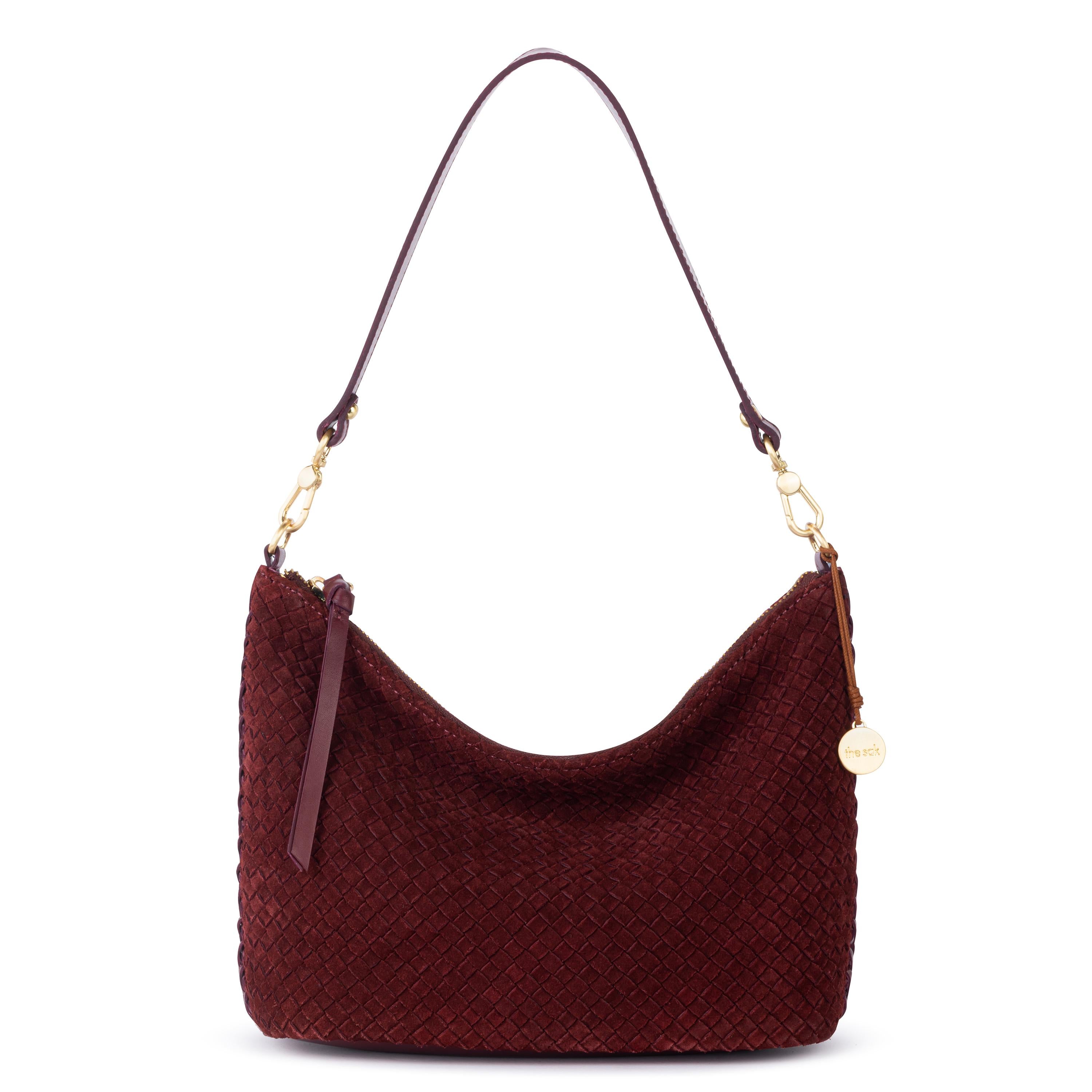 The Sak Juniper Small Hobo - Leather - Black Cherry Suede Woven