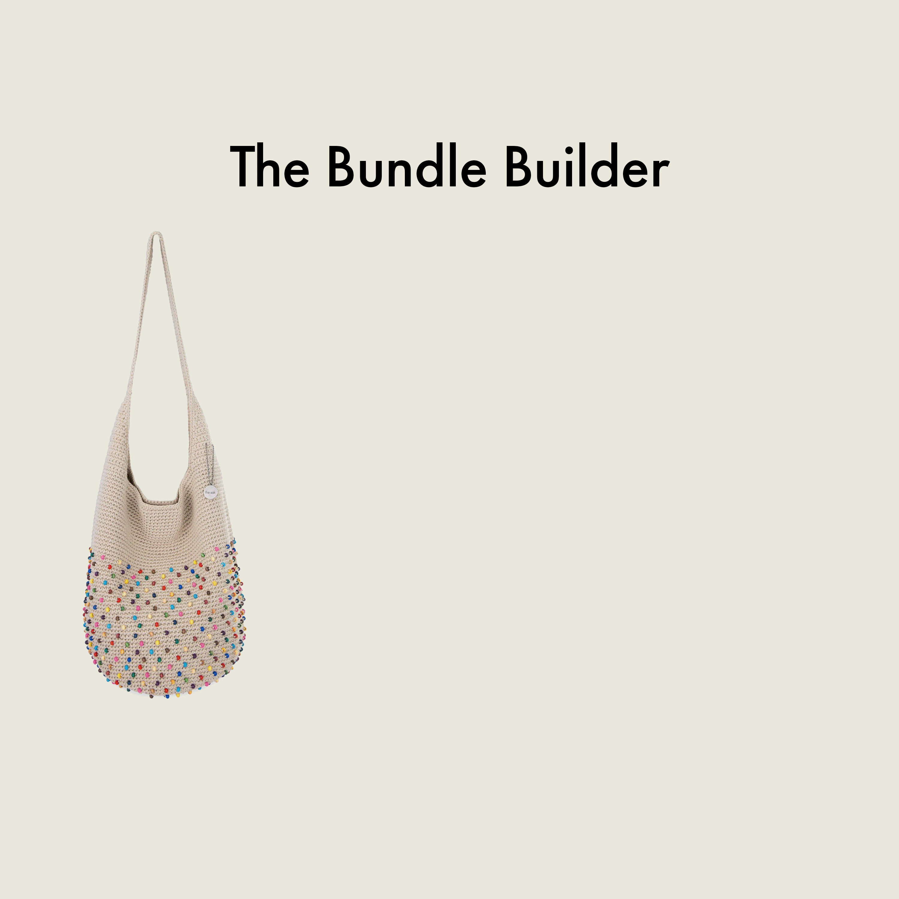 Beige shoulder bag with woven upper section and colorful beaded lower half.