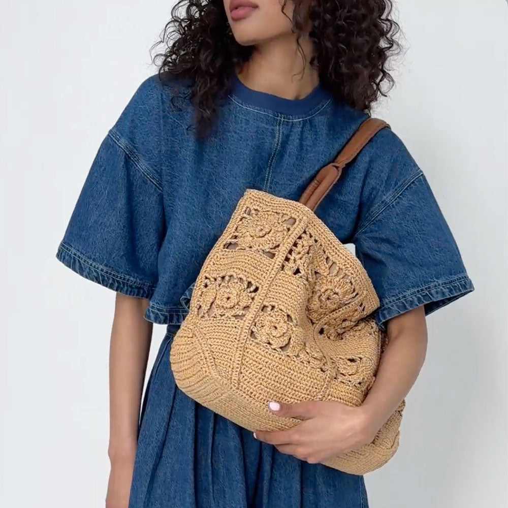 The Sak Los Feliz Large Tote - Hand Crochet - Natural Tonal Flower