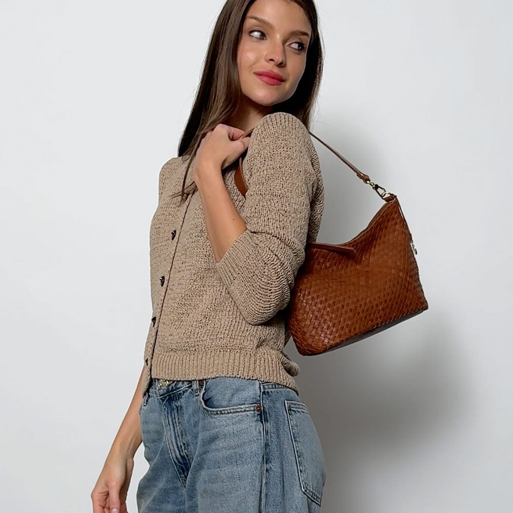 The Sak Juniper Small Hobo - Leather - Woven Cognac
