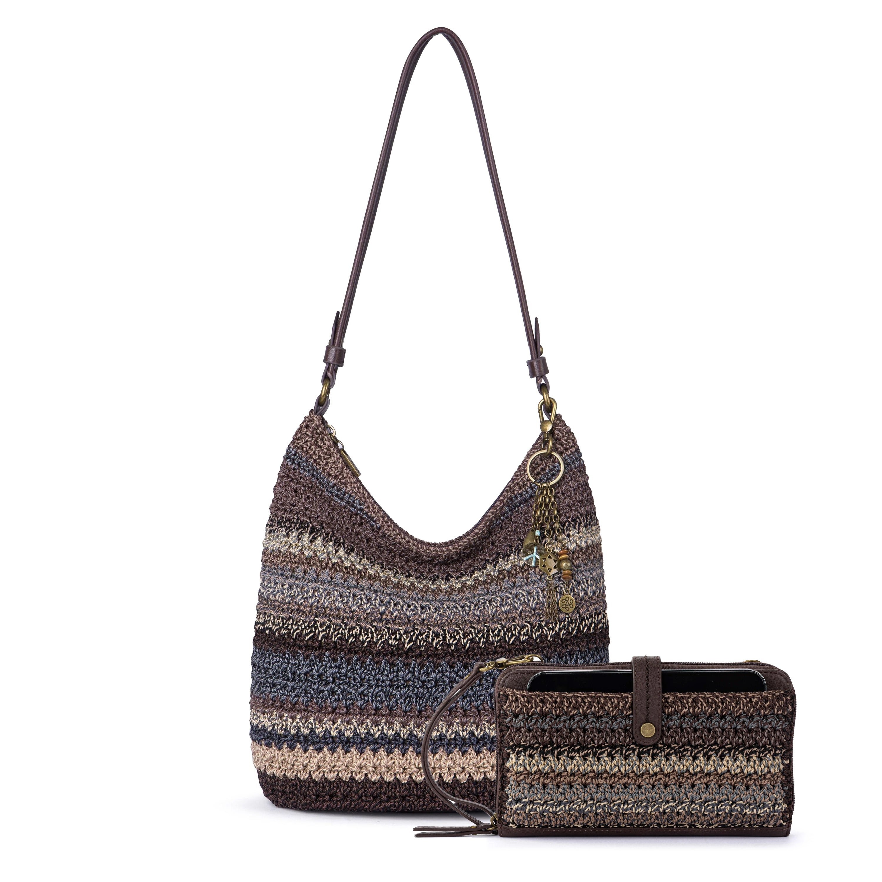 Crochet hobo bag with horizontal stripes and matching striped smartphone wallet with brown leather trim.